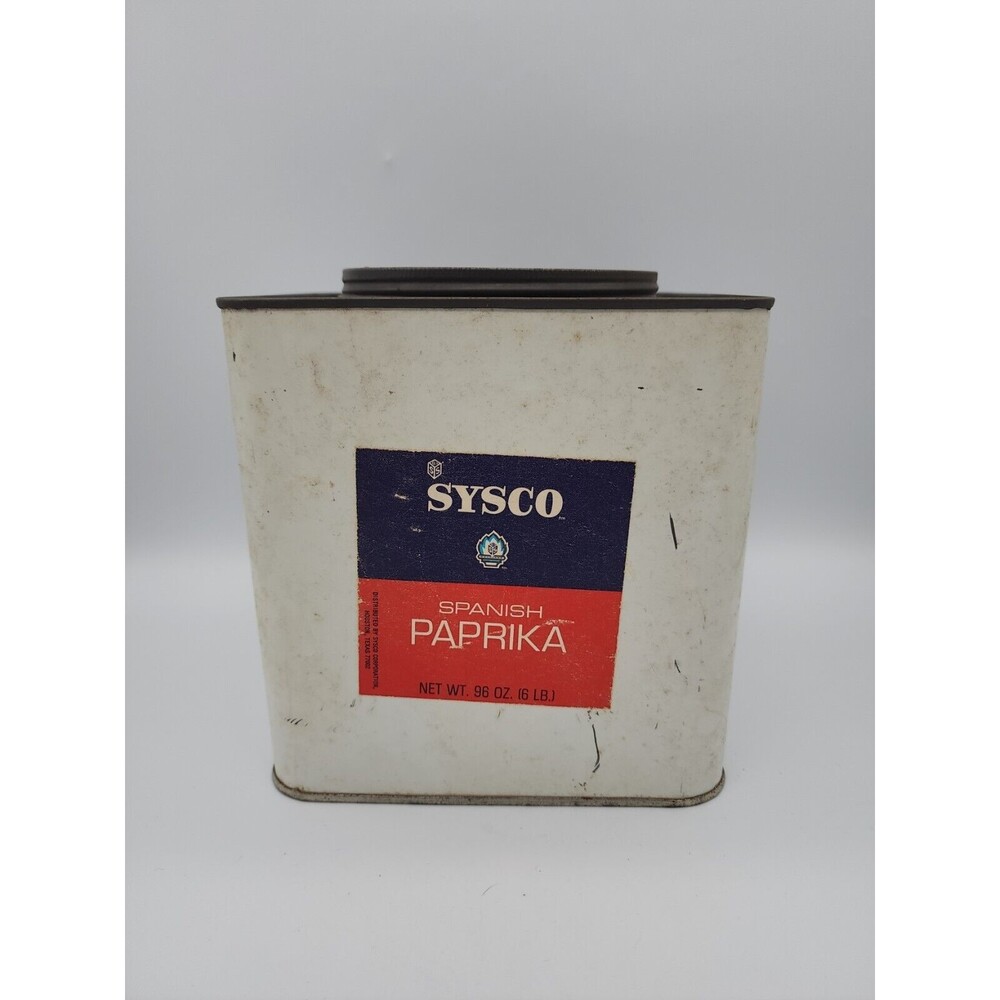 Vintage Sysco Spanish Paprika 96 Oz Large White Tin Houston Texas Rare Find